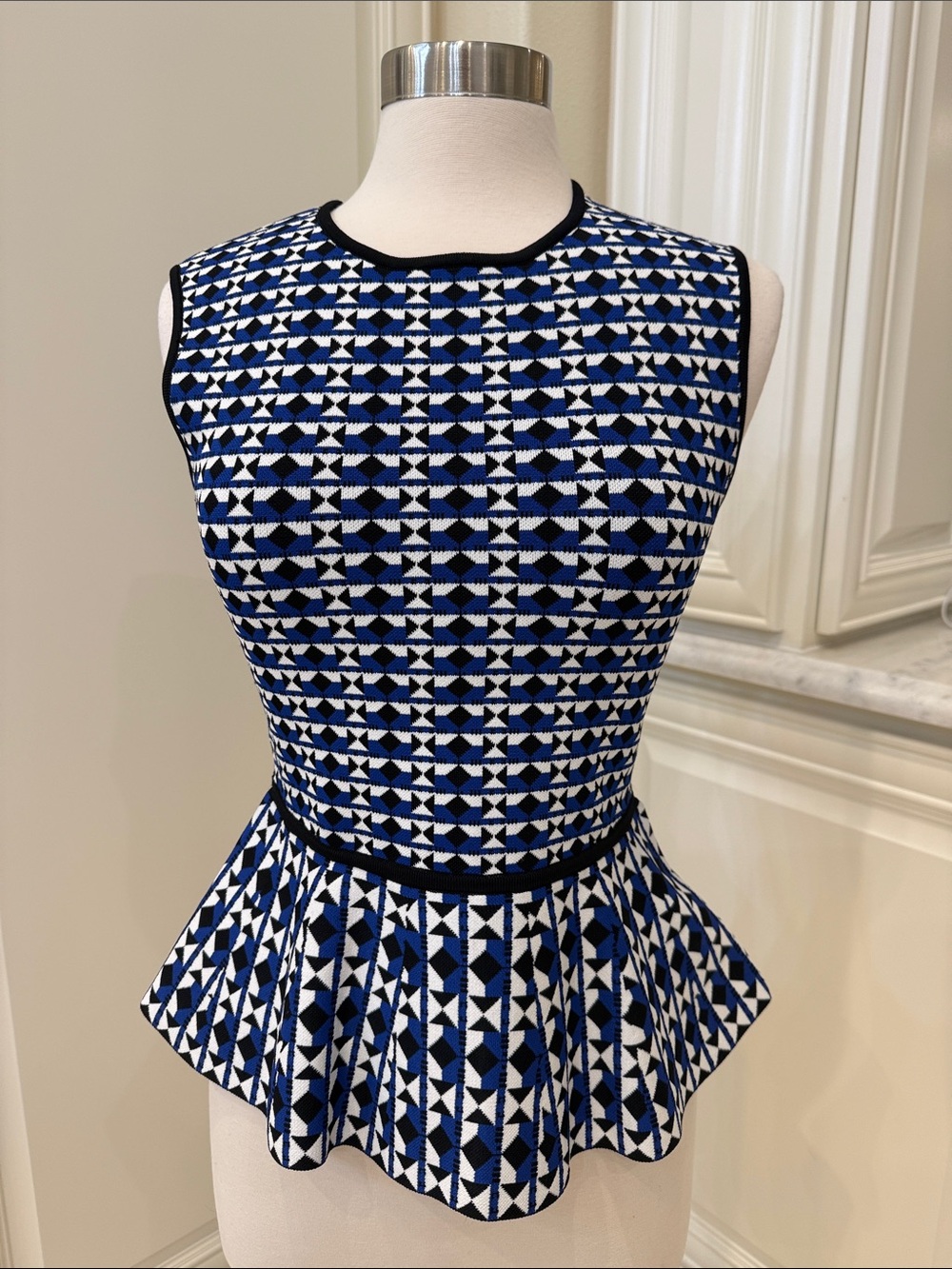 BCBGMaxAzria Blue, White & Black Geometric Peplum Knit Top